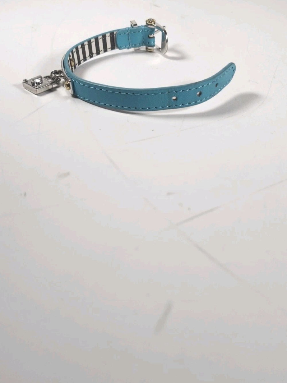 Henri Bendel Vintage Silver Tone Leather Lock Logo Bracelet Turquoise Blue - Picture 12 of 16